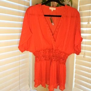 Rose & Grey Orange Relaxed Blouse with Smocked Waist